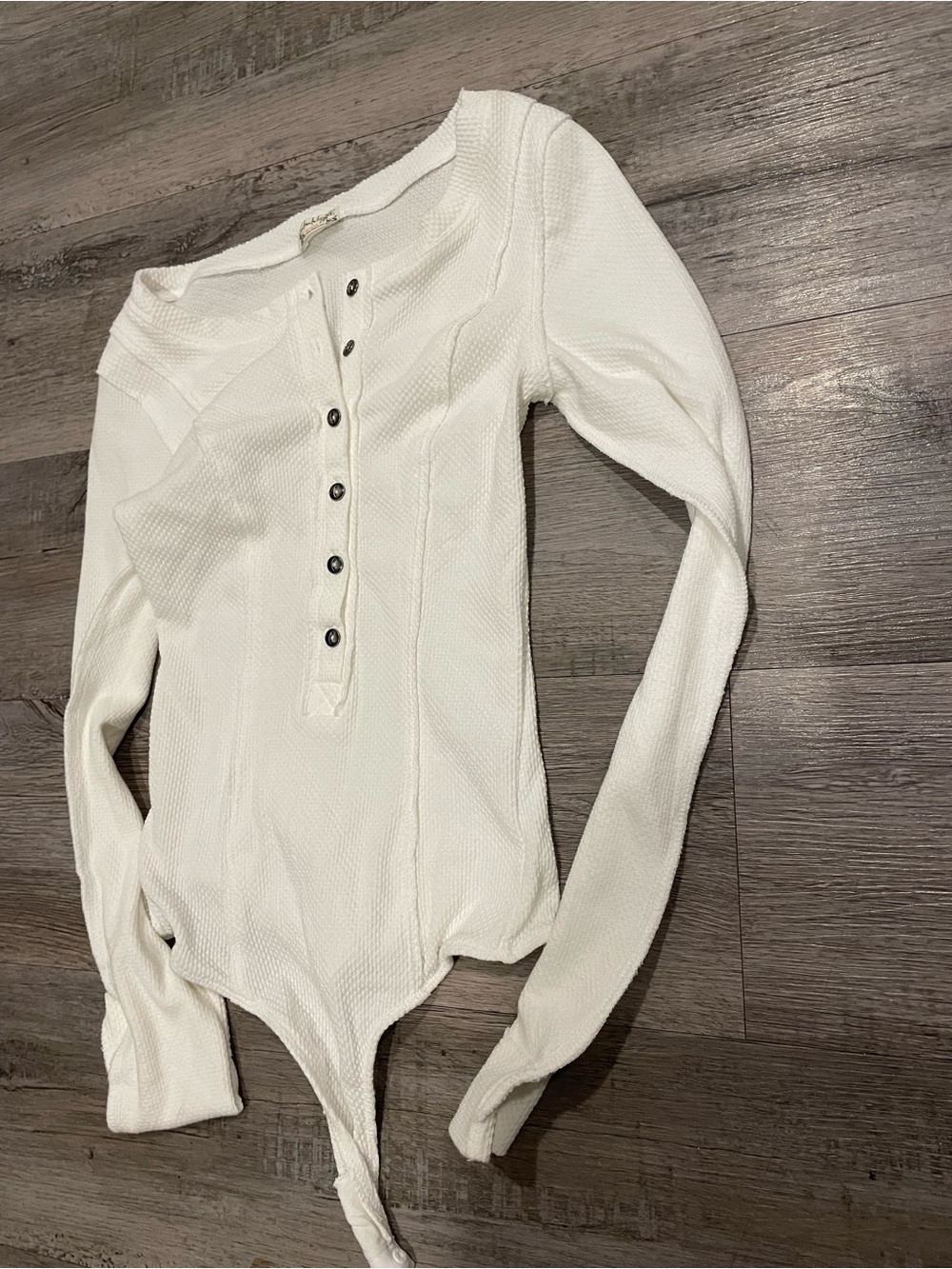 Free People White Long-Sleeve Henley Bodysuit with Button Placket